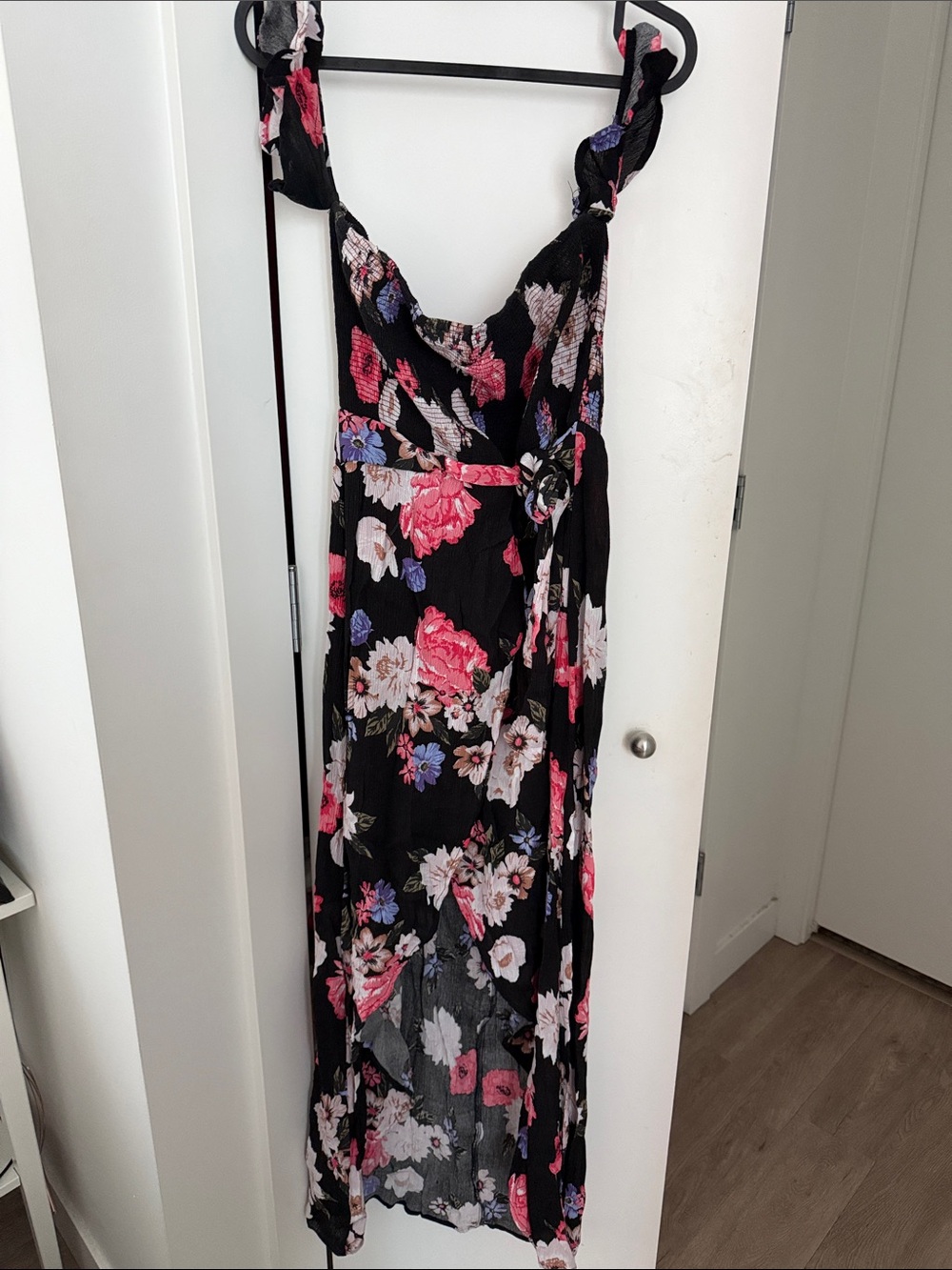 Black Floral Maxi Dress with Tie Waist and Adjustable Straps